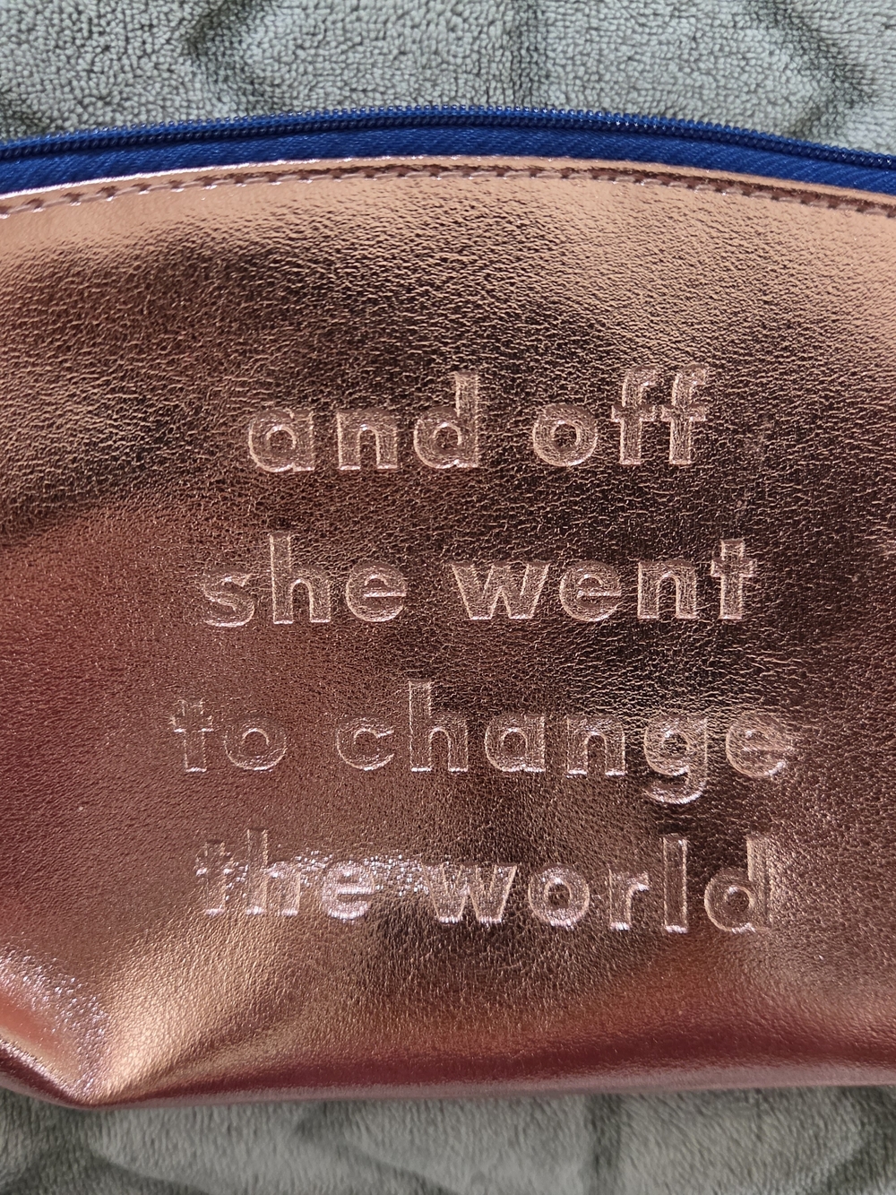 ipsy Metallic Rose Gold Cosmetic Pouch with Embossed Quote